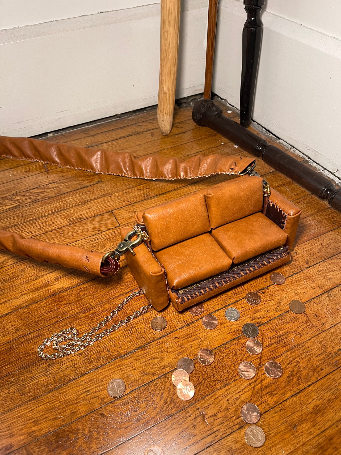 1 of 1 'Brown Leather' Loose Change In The Sofa Bag