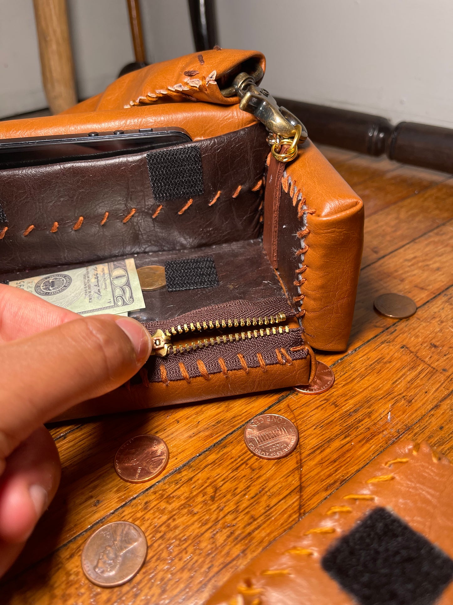 1 of 1 'Brown Leather' Loose Change In The Sofa Bag